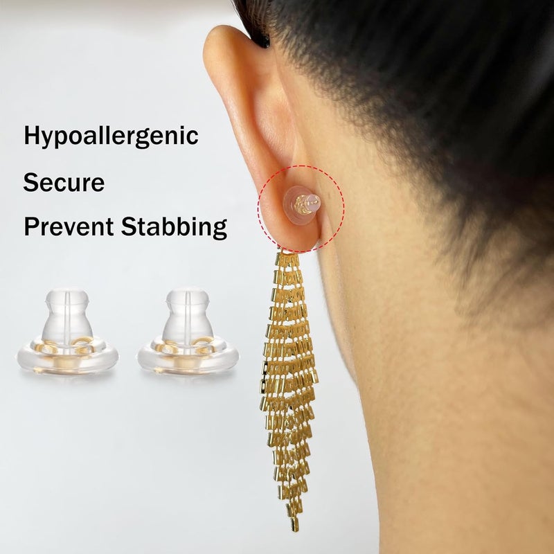 DELECOE Locking Silicone Earring Backs for Studs Droopy Ears Hoops Wires,Hypoallergenice Secure Earring Backs for Heavy Earring,No-Irritate Soft Clear Earring Backs for Women Men（Gold - Image 3